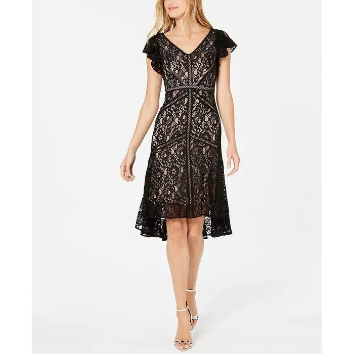 Women's Casual Zip-Up Dresses-Taylor Women's Petite Flutter-Sleeve Lace Dress Black Size 4P