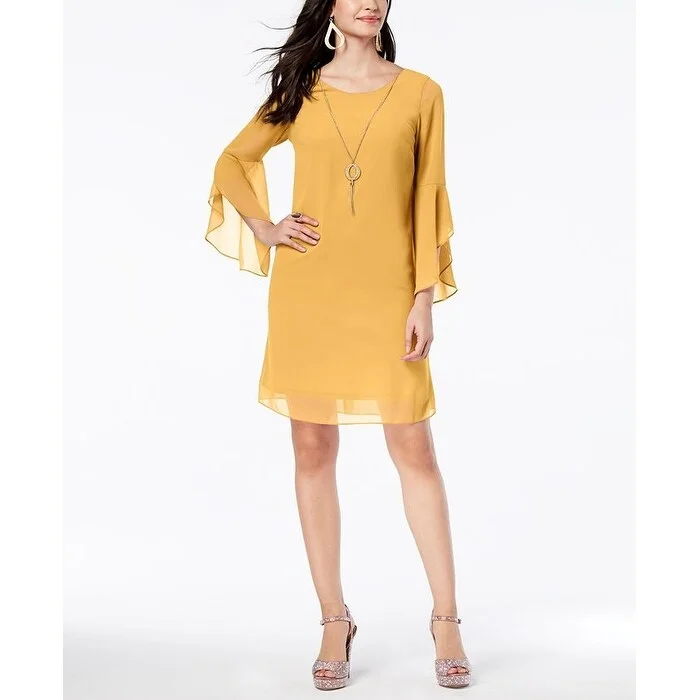 Women's Casual Lounge Dresses-Thalia Sodi Women's Flared-Sleeve Necklace Dress Med Beige Size Medium