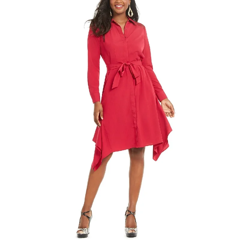 Women's Casual Bell Sleeve Dresses-Thalia Sodi Women's Handerkerchief-Hem Shirtdress Cerise Size Small