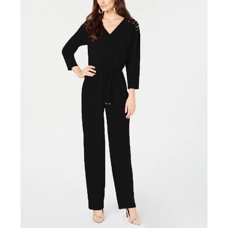 Women's Casual Everyday Dresses-Thalia Sodi Women's Surplice-Neck Embellished Jumpsuit Black Size Extra Large - X-Large