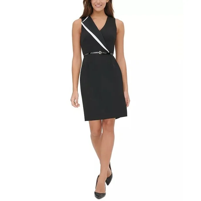 Women's Casual Stretch Dresses-Tommy Hilfiger Women's Belted Lapel Sheath Dress Black Size 14