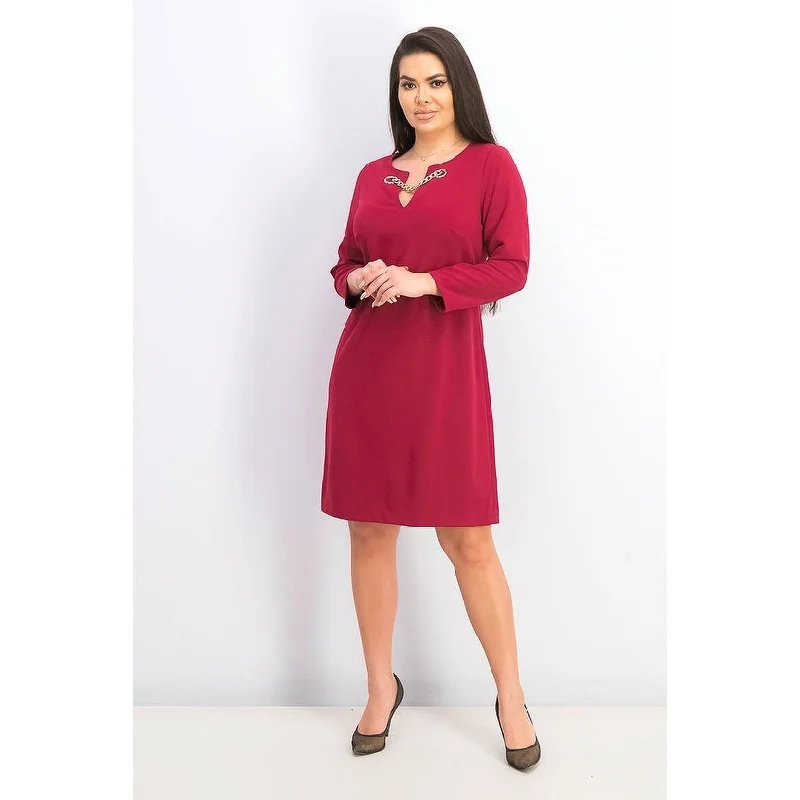 Women's Casual 3/4 Sleeve Dresses-Tommy Hilfiger Women's Grommet-Neck Shift Dress Dark Red Size 12