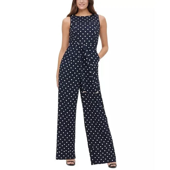 Women's Casual A-Line Print Dresses-Tommy Hilfiger Women's Polka-Dot Tie-Waist Jumpsuit Blue Size 10