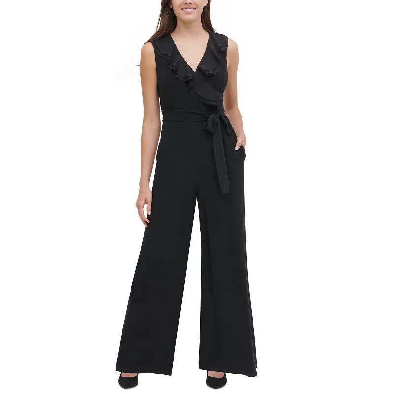 Women's Casual Party Solid Color Dresses-Tommy Hilfiger Women's Ruffled Wide-Leg Jumpsuit Black Size 16