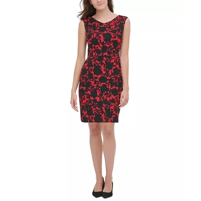 Women's Casual Date Print Dresses-Tommy Hilfiger Women's Shadow Rose Scuba Crepe Dress Red Size 8