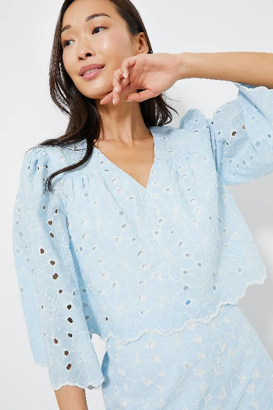 Women's Applique Shirts-Airy Blue Eyelet Daniella Top