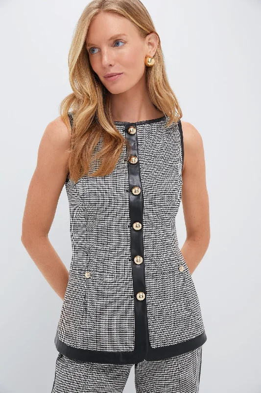 Women's Smocked Blouses-Black and White Check Cressida Sleeveless Button Top