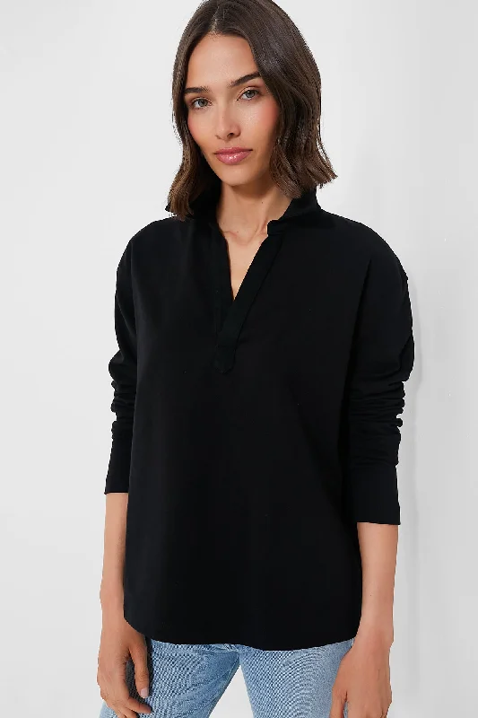 Women's Casual Blouses-Black Bradley Knit Polo Popover