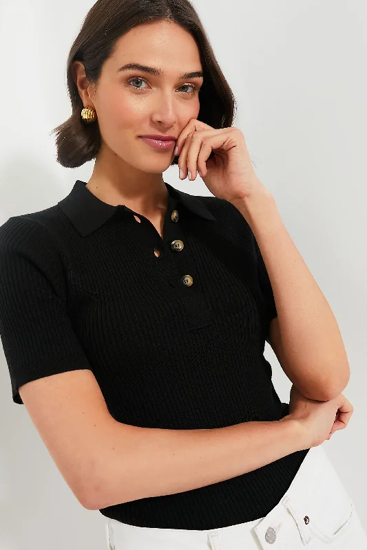 Women's Boxy Blouses-Black Olivia Rib Knit Polo