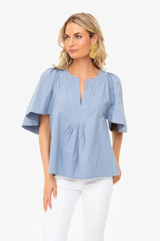 Women's Boho Blouses-Dusty Blue Finley Flutter Sleeve Top