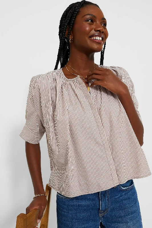 Women's Zip-Front Blouses-Mahogany Stripe Darby Blouse