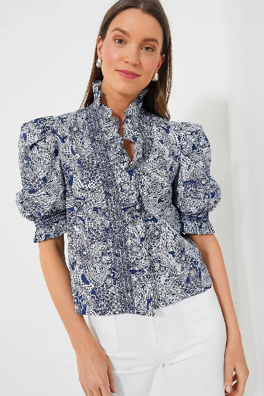 Women's Bow Front Blouses-Navy Geo Floral Ruffle Neck Aria Blouse