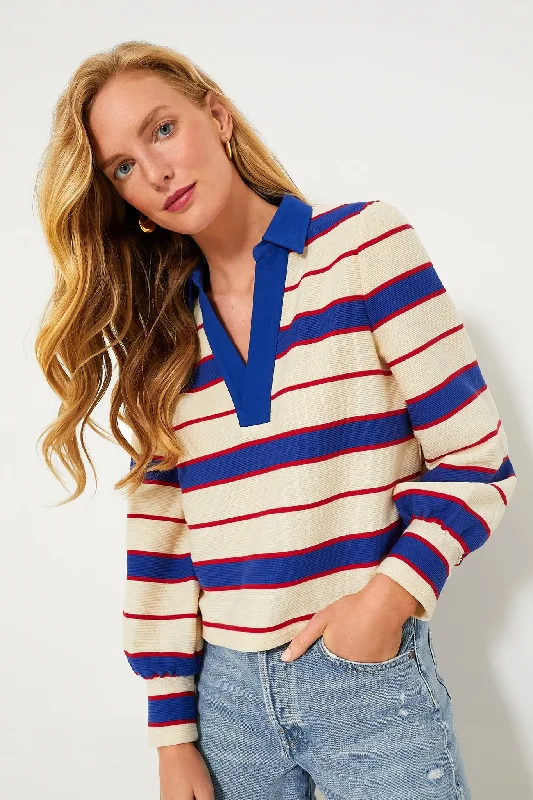 Women's Cap Sleeve Blouses-Navy Stripe Bradley Knit Polo Popover