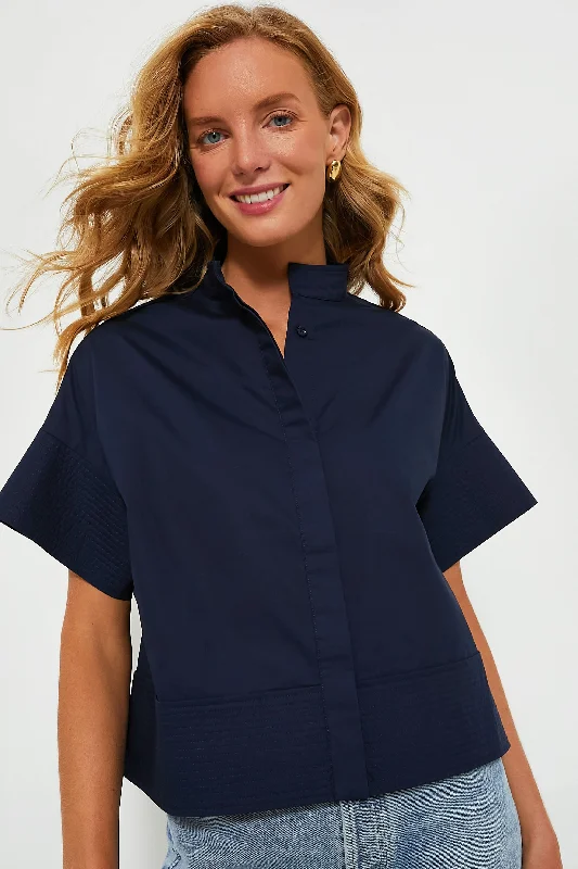 Women's Square Neck Shirts-Navy Trapunto Stitch Sofia Shirt