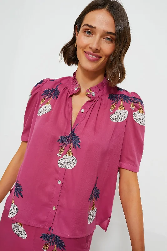 Women's Tie-Front Blouses-Orange Hibiscus Rose Winn Shirt