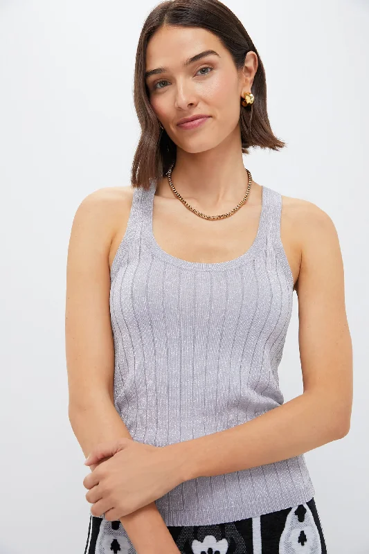 Women's Button-Front Blouses-Silver Metallic Knit Ari Tank