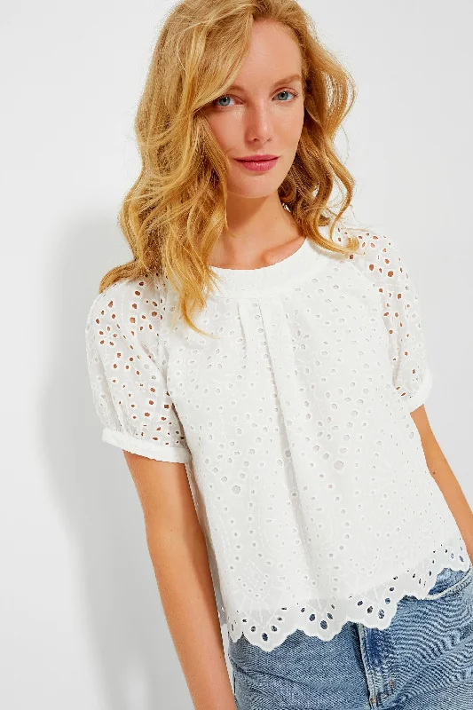 Women's Silk Blouses-White Eyelet Fontalina Blouse