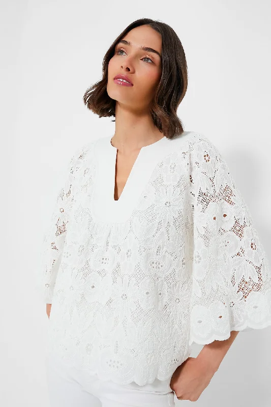 Women's Tie Waist Blouses-White Eyelet Lace Florian Blouse