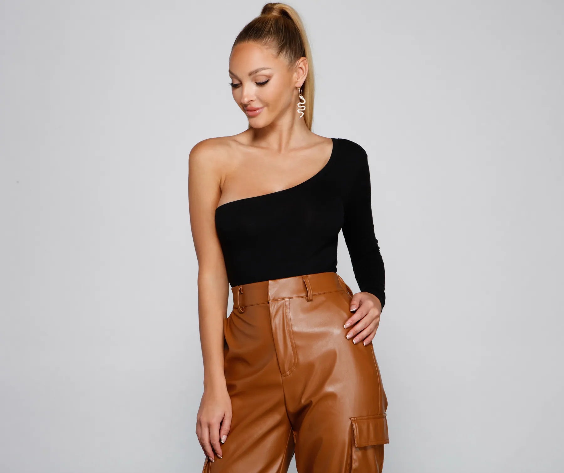 Women's Faux Leather T-Shirts-A Trendy Vibe One-Shoulder Bodysuit