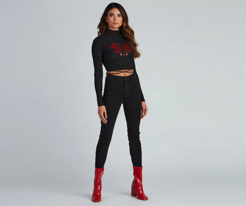 Women's Faux Suede T-Shirts-Brave And Bold Dragon Lace Up Crop Top