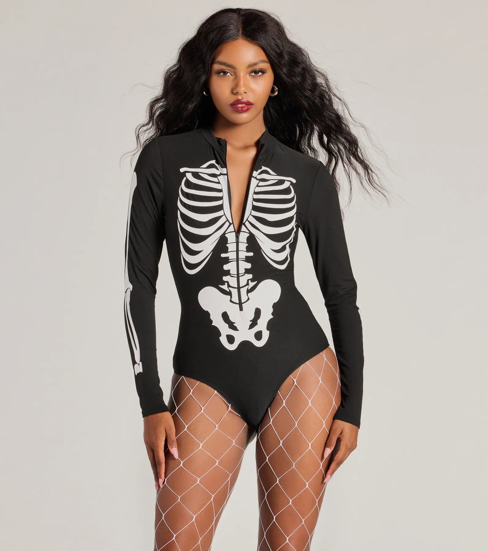 Women's Concert T-Shirts-Glam Ghoul Skeleton Print Bodysuit