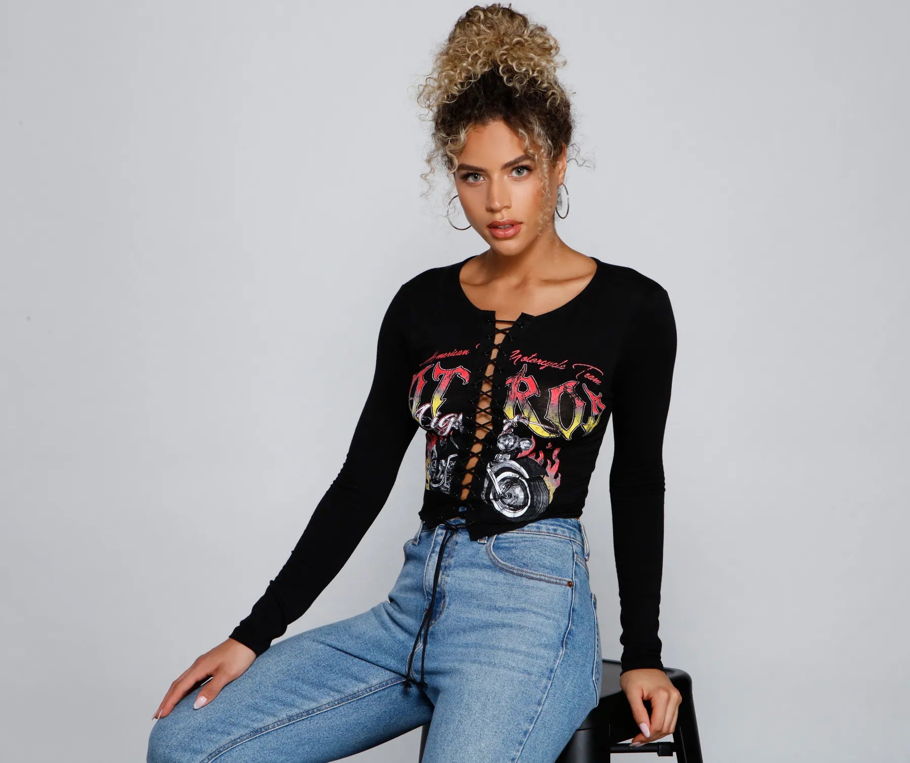 Women's Ethnic Print T-Shirts-Hot Rod Lace-Up Graphic Top