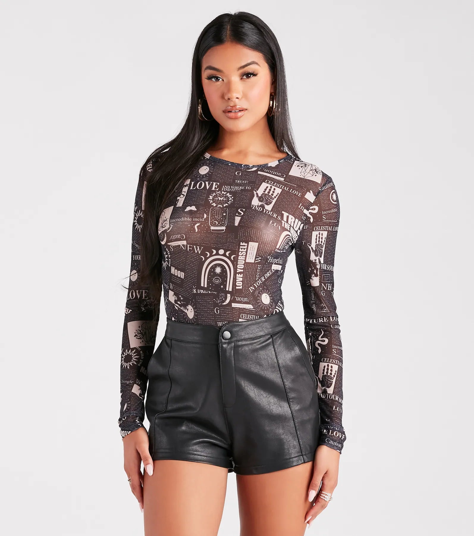 Women's Crystal Detail T-Shirts-Must Be Fate Mesh Celestial Newsprint Bodysuit