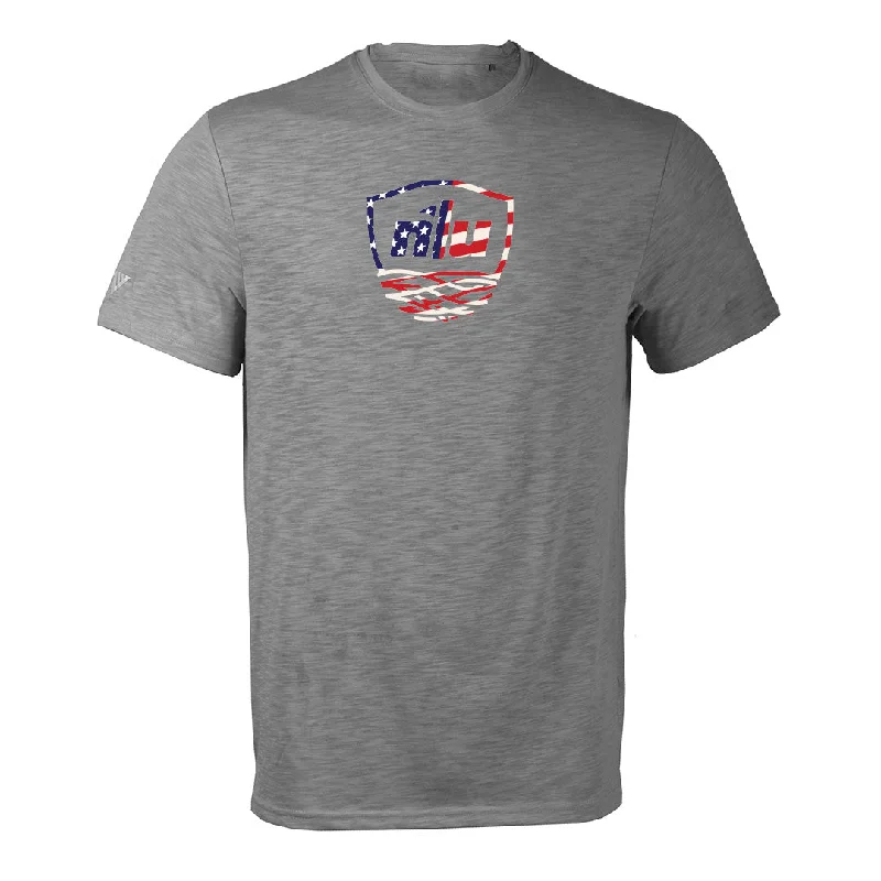 Women's Christmas T-Shirts-Nest T-Shirt by Levelwear | Grey w/ Red, White and Blue Nest Logo