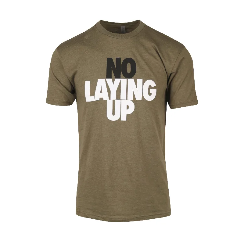 Women's Burnout T-Shirts-No Laying Up T-shirt | Heather Military Green - Black & White Logo