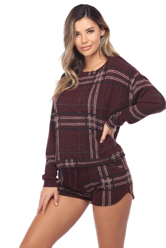 Women's Lounge T-Shirts-Plum Plaid Dreams Pull Over Top