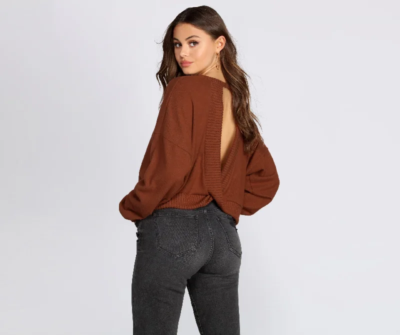 Women's Long Sleeve T-Shirts-Soft Knit Open Back Top