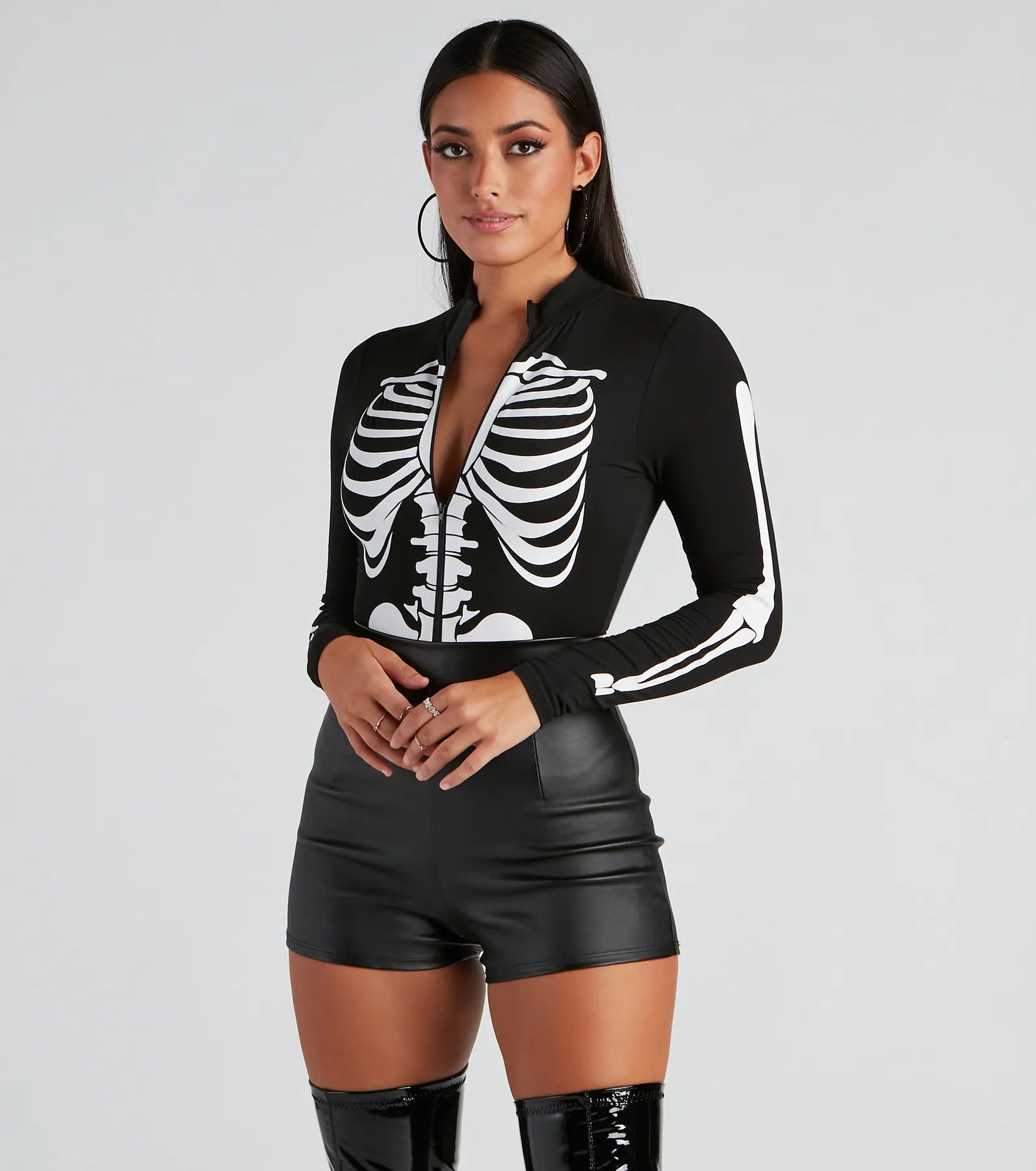 Women's Cinched Waist T-Shirts-Sultry Skeleton Halloween Mock Neck Bodysuit