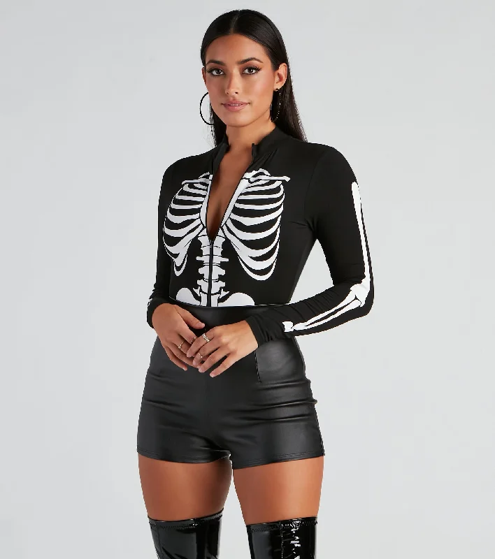 Women's Distressed T-Shirts-Sultry Skeleton Mock Neck Bodysuit