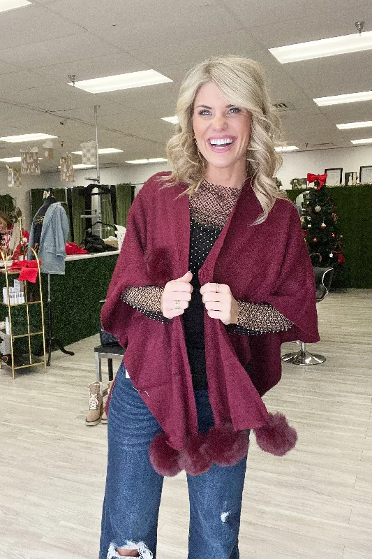 Women's Slit A-Line Cardigans-Burgundy Pom Shall