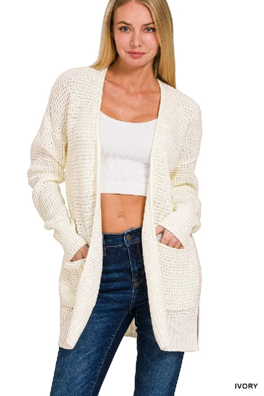 Women's Ribbed Pleated Cardigans-Everyday Perfect Waffle Knit Cardigan ~ Regular Sizes