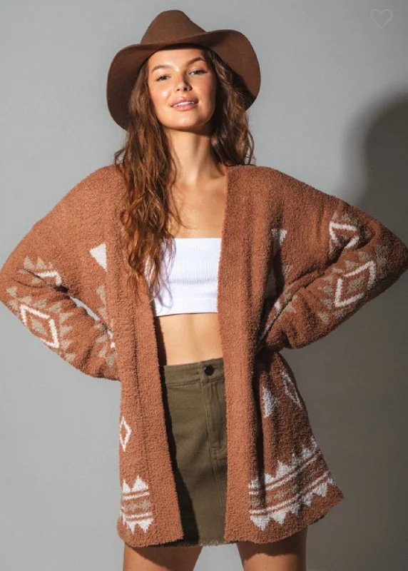 Women's Ribbed Pencil Cardigans-Nina ~ Camel Aztec Print Cardigan