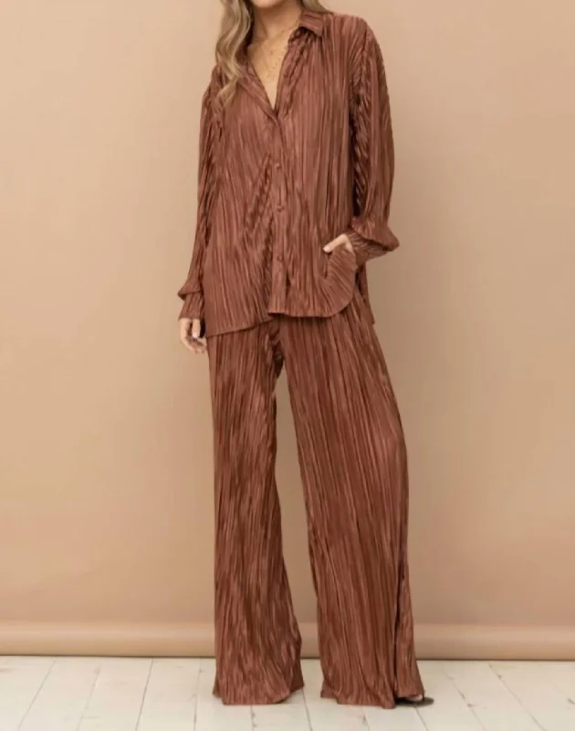 Women's Cool Pants-Accordion Pleated Pant Set In Brown