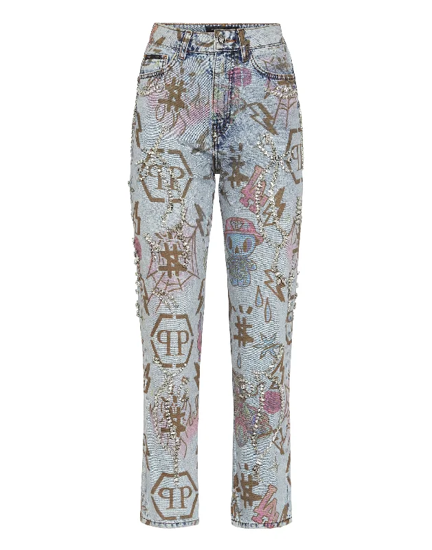 Women's Dark Wash Pants-Boyfriend St Tattoo Monogram with Crystals