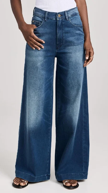 Women's Casual Pants-DL1961 Women Hepburn Wide Leg Jeans Stretch Denim Pants Orlena Blue