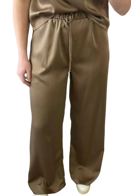 Women's Resort Pants-Elastic Waist Satin Pants In Coffee