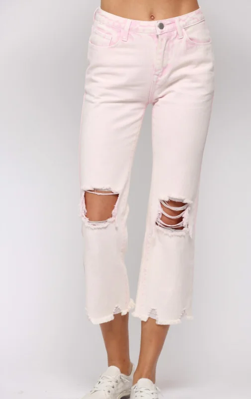 Women's Holiday Pants-Fate Distressed Denim In Washed Pink