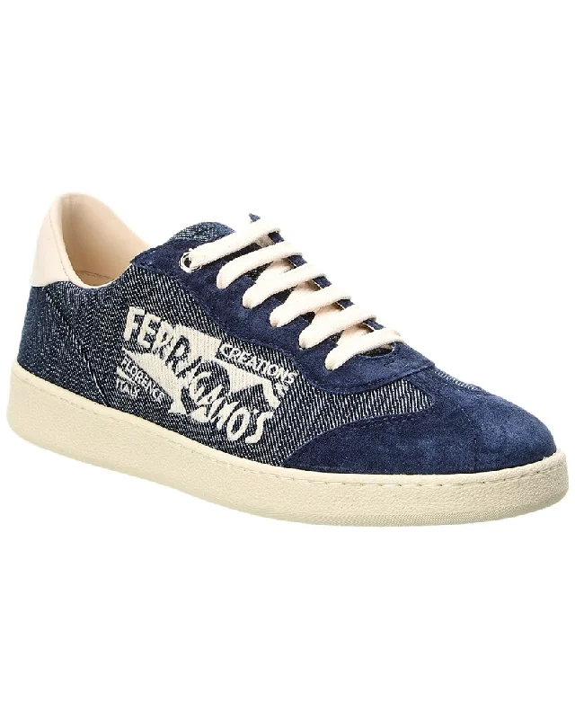 Women's High-Waisted Pants-Ferragamo Achille Denim & Suede Sneaker