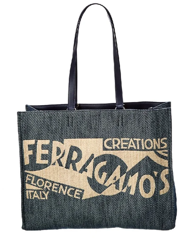 Women's Tall Pants-Ferragamo Logo Large Denim & Leather Tote