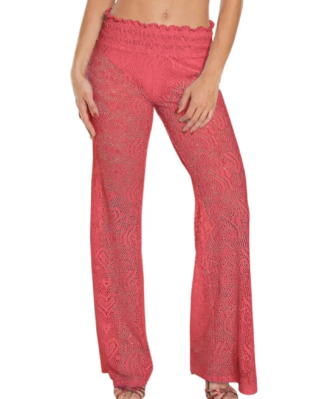 Women's Jogging Pants-Heart Crochet Smocked Beach Pants In Coral