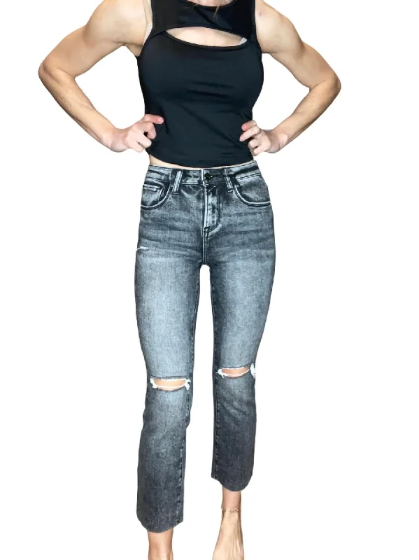 Women's Pleated Front Pants-High Rise Ankle Straight Jeans In Black Acid