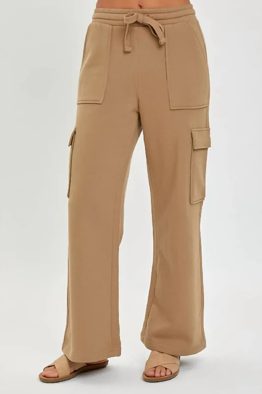 Women's Dark Wash Pants-High Rise Cargo Pocket Wide Pants In Mocha