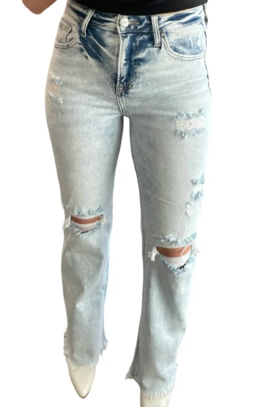 Women's Paisley Print Pants-High Rise Distressed Straight Jeans In Light Acid