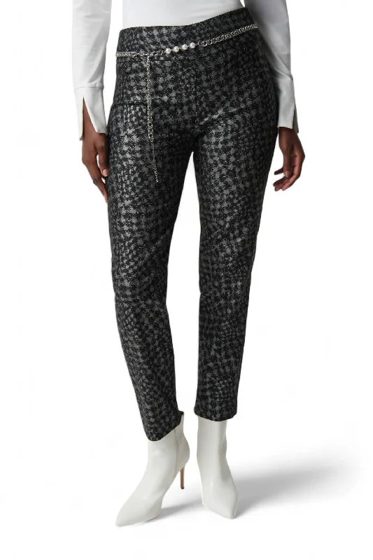 Women's Glen Plaid Pants-Houndstooth Millennium Pull-On Pants With Pearl Belt In Black/multi