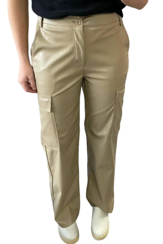 Women's Printed Leggings-Leather Cargo Pants In Taupe