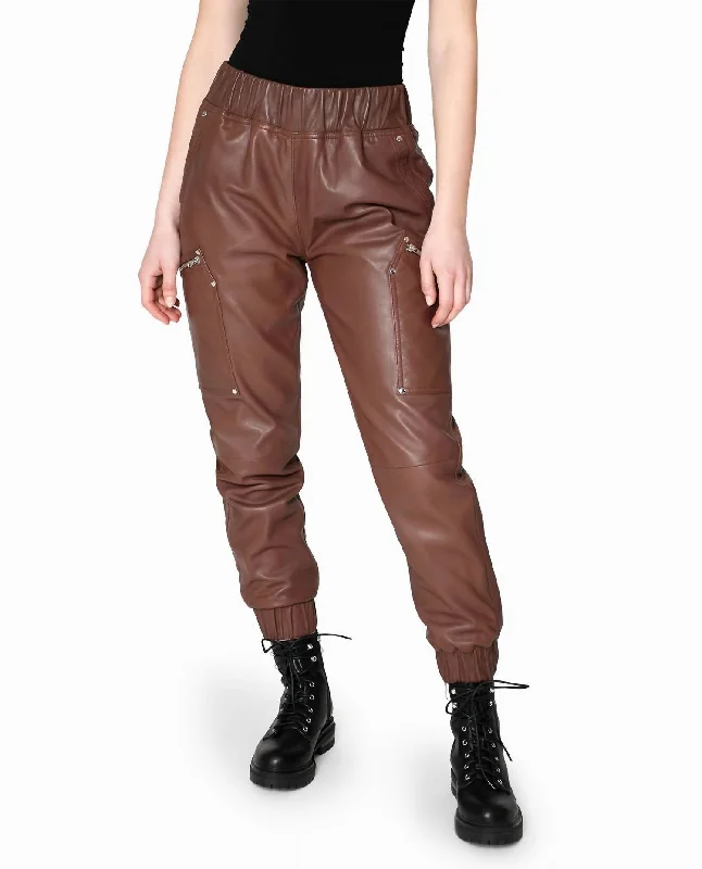 Women's Moto Pants-Leather Space Jogger In Brown